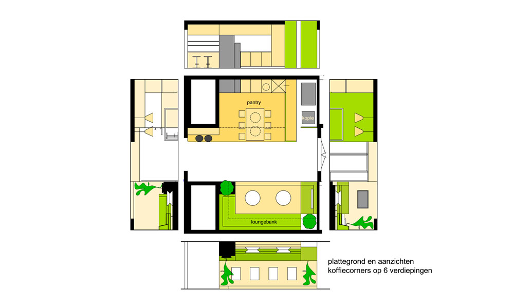 plattegrond en aanzichten koffiecorners OBR (6 etages, ontwerp maryam pans)