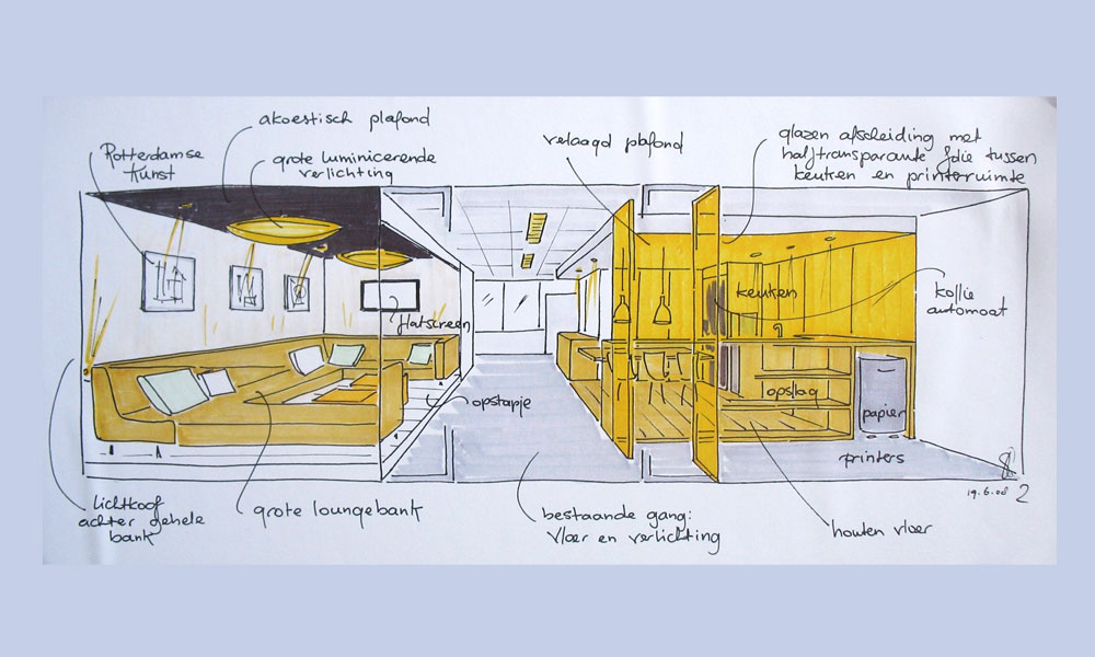 schets loungeruimte en kofiecorners OBR gemeente Rotterdam (ontwerp: maryam pans)